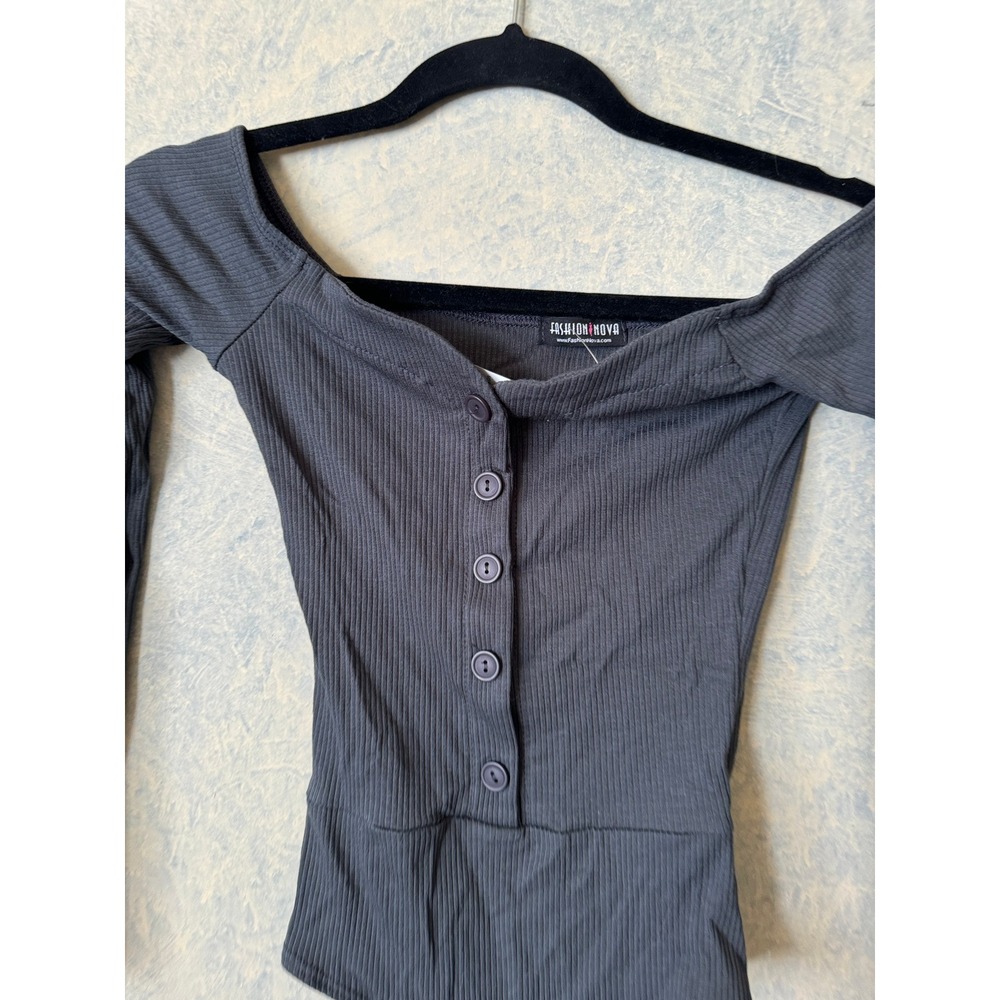 Fashion Nova Bodysuit Womens Small Charcoal Grey Excellent Ribbed Off Shoulder